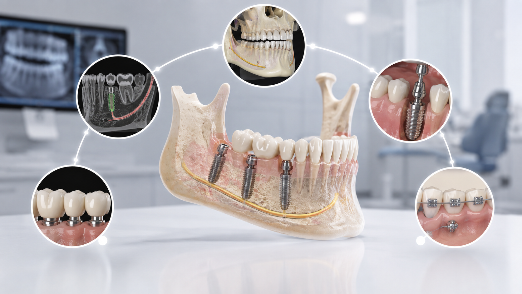 Цифровая 3D-модель челюсти с виртуальными имплантатами и сценариями планирования