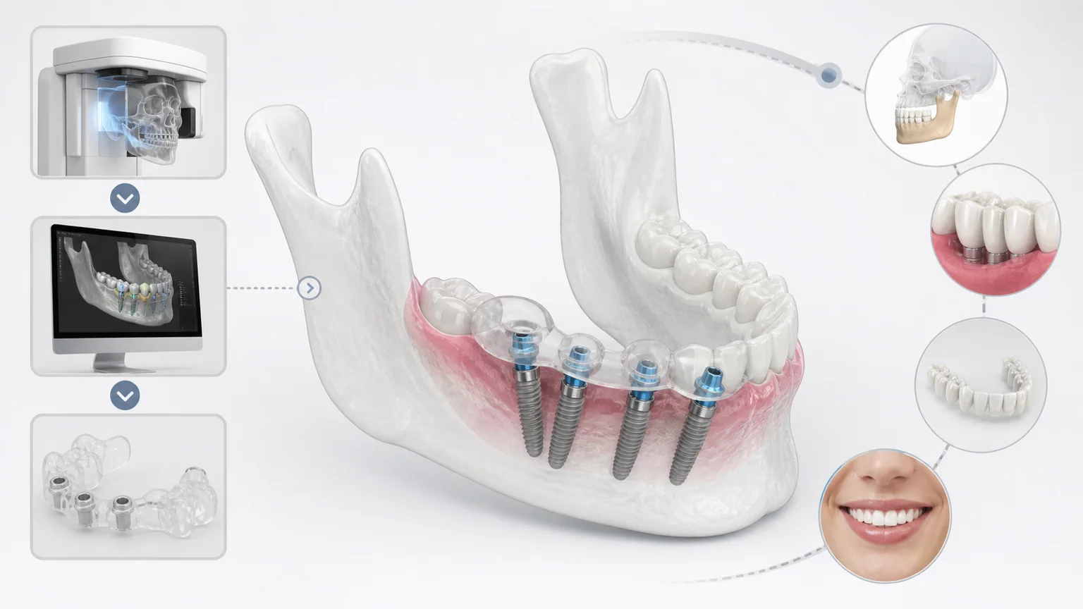 Цифровая 3D-модель нижней челюсти с виртуальным планом установки имплантатов и хирургическим шаблоном